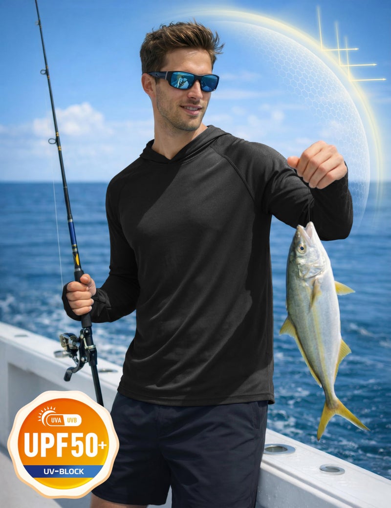 KEFITEVD Sun Protection Shirts for Men with Hood SPF Hoodie Fishing Hiking Shirts Long Sleeve Rash Guard UV UPF 50+ Shirt Black - Image 3